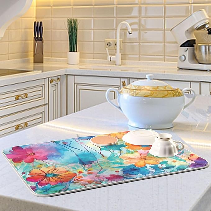 Colorful Beautiful Flowers Dish Drying Mat for Kitchen Counter Absorbent Microfiber Drying Pad, Medium 16x18 in, Reversible Drainer Mats