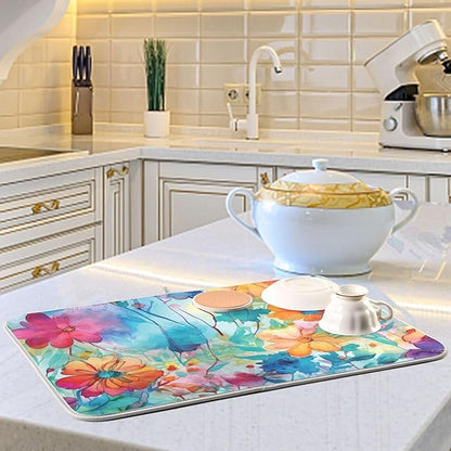 Colorful Beautiful Flowers Dish Drying Mat for Kitchen Counter Absorbent Microfiber Drying Pad, Medium 16x18 in, Reversible Drainer Mats