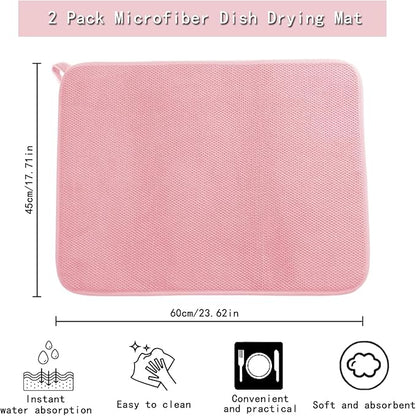 2 Pack Dishes Drying Mats for Kitchen Counter, 24 x 18 Inch Microfiber Dish Drying Pads with Hanging Loop, Super Absorbent Dish Drainer Mat, Thickened, Washable, Reusable, Pink