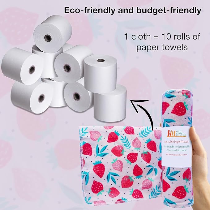 Pack of 10 Reusable Paper Towels | 10x10 Inch Cotton Towels | Kitchen Utensils Print | Eco Friendly, Washable, Quick Drying | Sustainable Cleaning Cloths | Strawberries