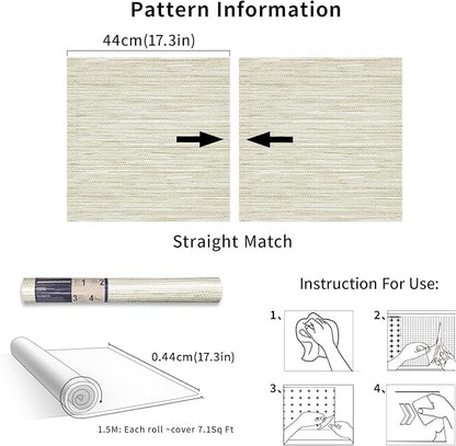 Simon&Siff Cream Textured Grasscloth Peel and Stick Wallpaper 17.7"x197" Neutral Faux Grassweave Wallpaper Waterproof Self Adhesive Removable Wallpaper Mural for Home Decor Bedroom Kitchen Cabinet