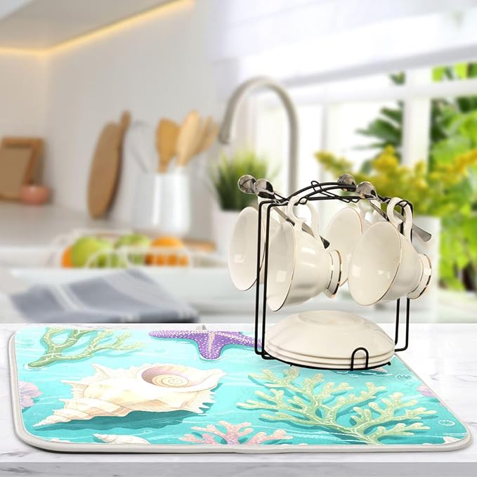 Coral Sea Shells Stars Pattern Dish Drying Mat for Kitchen Counter Super Absorbent Drying Mat 16x18 inch Large Dish Drying Matts for Countertop Protector Dishes Pad