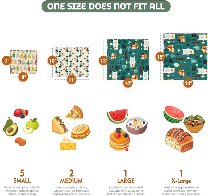 Akeeko Reusable Beeswax Food Wraps - Assorted 9 Packs, Reusable, Plastic-Free Food Storage, 5 Small, 2 Medium, 1 Large, 1 Extra Large Wraps with Forest Animals Pattern
