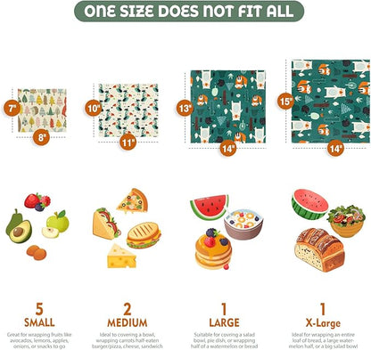 Akeeko Reusable Beeswax Food Wraps - Assorted 9 Packs, Reusable, Plastic-Free Food Storage, 5 Small, 2 Medium, 1 Large, 1 Extra Large Wraps with Forest Animals Pattern