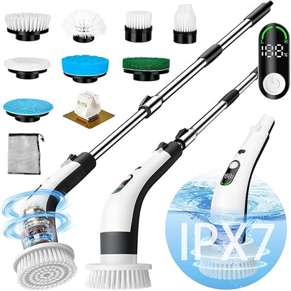 Cordless Electric Spin Scrubber with 8 Brush Heads Power Handheld Scrubber Cleaning & Shower with Adjustable Handle, IPX7 Waterproof for Shower Tile Grout Tub Tile Floor Bathroom Cleaning