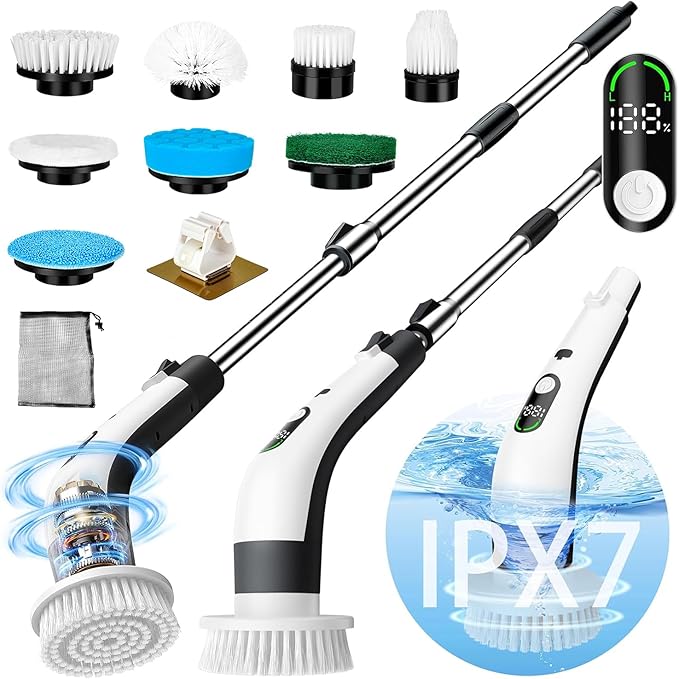 PUNOMO Electric Spin Scrubber, Cordless Bathroom Cleaning Brush with 8 Replaceable Heads & Adjustable Handle, IPX7 Waterproof Shower Scrubber with LCD Display, 2 Speeds for Bathtub, Floor, Tile