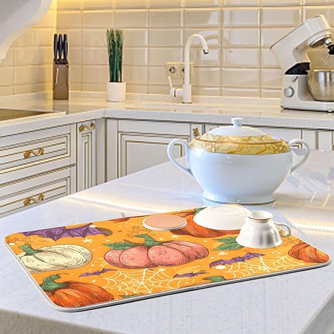 Halloween Colorful Pumpkin Pattern Dish Drying Mat for Kitchen Counter Super Absorbent Drying Mat 16x18 inch Large Dish Drying Matts for Countertop Protector Dishes Pad