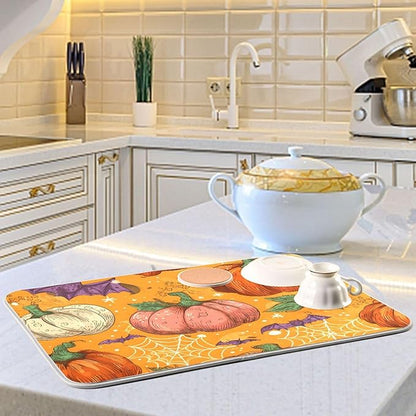 Halloween Colorful Pumpkin Pattern Dish Drying Mat for Kitchen Counter Super Absorbent Drying Mat 18x24 inch Large Dish Drying Matts for Countertop Protector Dishes Pad