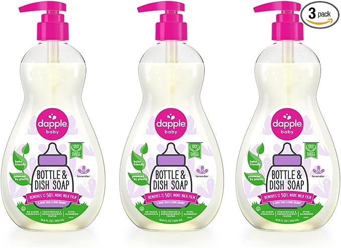 Dapple Baby Bottle Soap, Hypoallergenic Dish Soap for Baby Bottles, Powered by Plants, Lavender, 16.9 Fl Oz (Pack of 3)