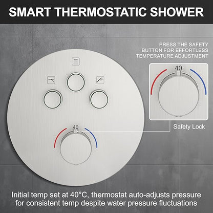 KOJOX Brushed Nickel Thermostatic Shower System, Push Button Diverter Shower Faucet Set with 12" Ceiling Mount Rain Shower, 8" Wall Mount Shower Head, and 3-in-1 Handheld Spray