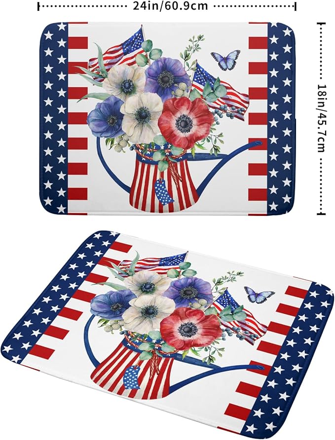 Patriotic American Flag Dish Drying Mat 18x24 Inch Spring Summer Flower 4th of July Memorial Kitchen Mats Vintage Absorbent Dishes Pad for Kitchen Counter Memorial Home Decorations for Countertops