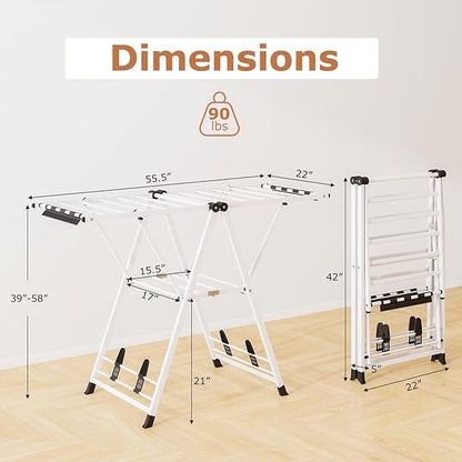 Giantex Clothes Drying Rack, Foldable Metal Laundry Drying Rack with Height Adjustable Wings, 16 Drying Rails, Sock Clips & Shoe Racks, Freestanding Clothing Stand for Indoor & Outdoor, White