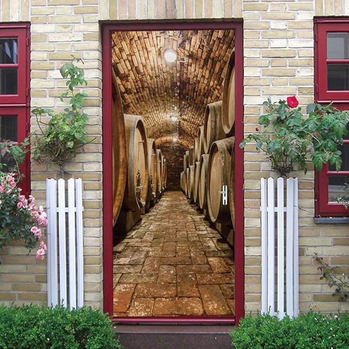 3D Door Stickers Murals Peel and Stick - Wine Cellar Wallpaper Self-Adhesive Decals Removable PVC Waterproof Poster for Bedroom Living Room Decoration 34.6" x 78.7"
