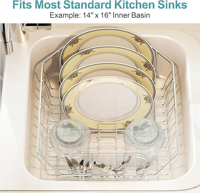 GSlife Small in Sink Dish Drying Rack - Stainless Steel Compact Dish Drainer for RV Kitchen Apartment Sink, Rust Resistant Inside Sink Rack, 1–2 Person Households, 13.1" W x 14.4" L, Silver