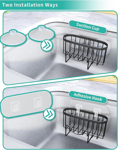 HapiRm Multifunctional Sponge Holder with Unique M-Shaped, Two Installation Methods Kitchen Sink Organizer, Rustproof Stainless Steel Sink Caddy -Black（2-Pack）
