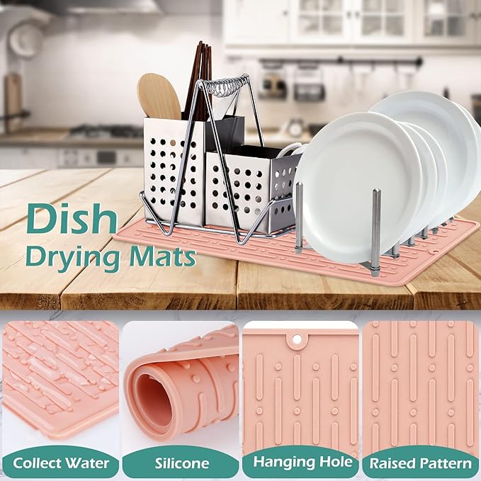 GeeRic Dish Drying Mats, Heat-resistant Silicone Mat for Kitchen Counter, Non-Slip Dish Dry Mat Dishwasher Safe Large, Pink