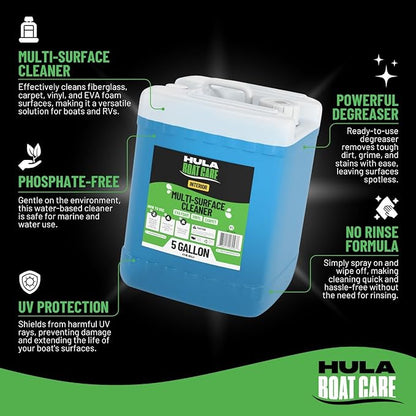 Hula Multi-Surface Cleaner — EVA Foam, Vinyl, and Carpet, 5 Gallon — Bulk Marine Interior Cleaner for Detailers and Fleets, Biodegradable, Made in USA