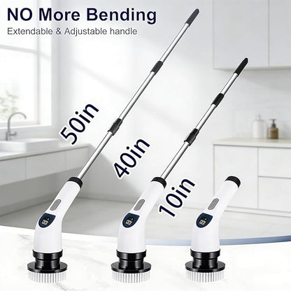 Electric Spin Scrubber for Cleaning, Adjustable Shower Brush with 7 Replaceable Heads & Power LED Display, 2 Speed Waterproof Cordless Shower Scrubber for Bathtub, Kitchen, Car, White