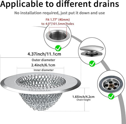 TRAPMATE Shower Drain Hair Catcher, 4.4" Easy Clean Bathtub Drain Hair Catcher, Anti-Slip Bath Tub Drain Protector, Upgraded 304 Stainless Steel Shower Sink Drain Cover for Bathroom (Patented Product)