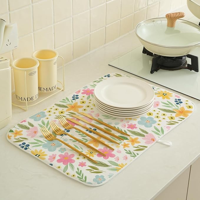 Spring Yellow Pink Blue Floral Dish Drying Mats 18x24 Inch Watercolor Flower Spring Drying Mats Seasonal Absorbent Drying Dish Pad Rack Drainer Mats for Kitchen Dining Room Counter Decorations
