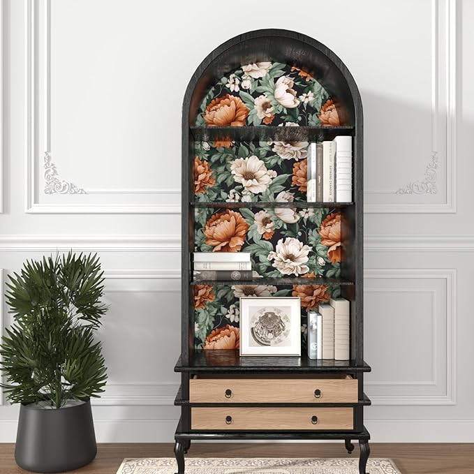 Floral Wallpaper Peel and Stick, Vintage Large Blooming Flowers Contact Paper 17.5" x 118", Retro Wall Paper Self Adhesive Removable Waterproof for Room Walls Shelves Cabinet Table (Orange, Green)
