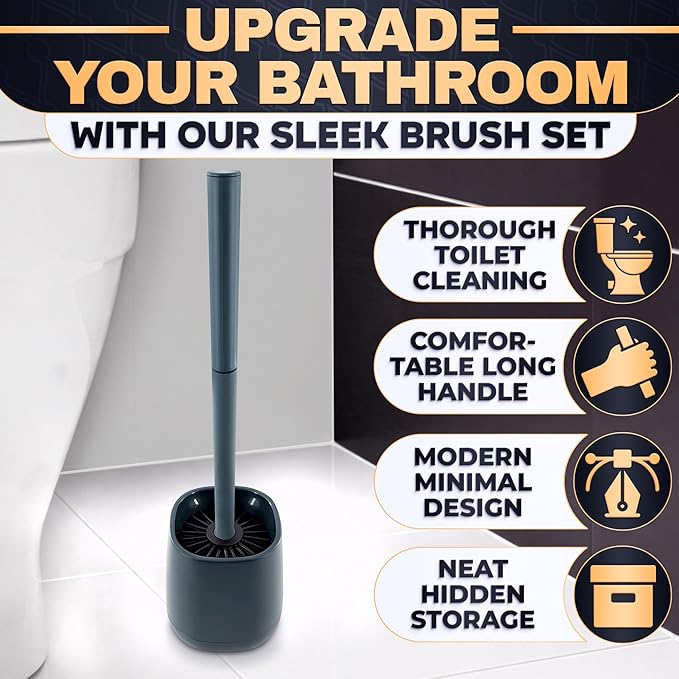 Toilet Brush and Holder Set - Silicone Toilet Brush Cleaner with Dark Grey Holder Base, Compact Accessory for Small Spaces - Easy to Place & Simple to Store After Use, Plastic Bathroom Cleaning Tool
