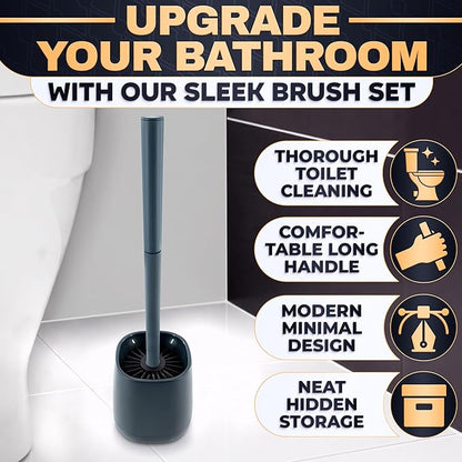Toilet Brush and Holder Set - Silicone Toilet Brush Cleaner with Dark Grey Holder Base, Compact Accessory for Small Spaces - Easy to Place & Simple to Store After Use, Plastic Bathroom Cleaning Tool
