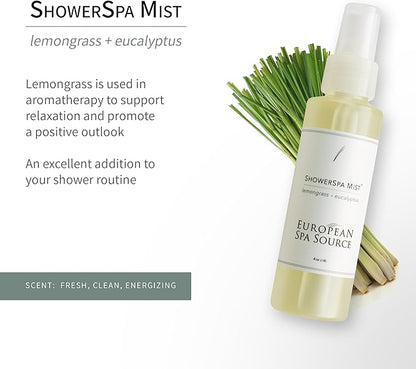 European Spa Source Energizing Lemongrass + Eucalyptus ShowerSpa Mist Spray for Aromatherapy, at Home Spa Experience, Sinus Congestion Relief, and Tension Relief, 4 fl oz.