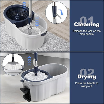 Spin Mop and Bucket System with180-Degree Rotating Head Telescopic Handle Dual Chamber Bucket Floor Cleaning Set with 3 Mop Refills Dual-Function Wringing Hand-Press and Foot-Pedal