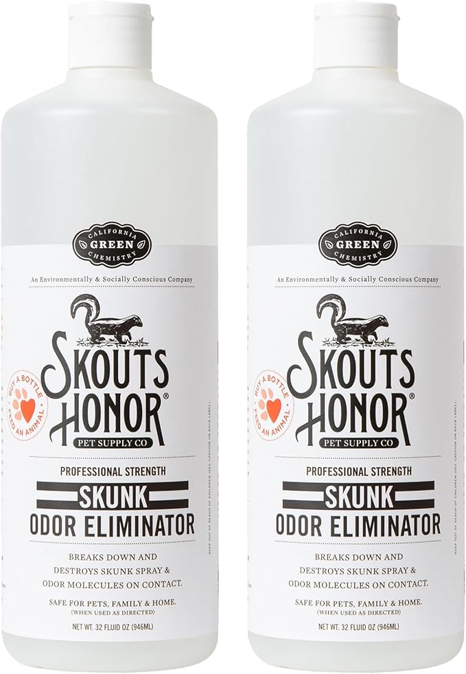 Skout's Honor Skunk Odor Eliminator for Pets, Indoor, and Outdoor Surfaces – Eliminate Skunk Spray Odor, Eco-Friendly, Cruelty-Free Solution for Pets and Surfaces, 32 oz, 2-Pack