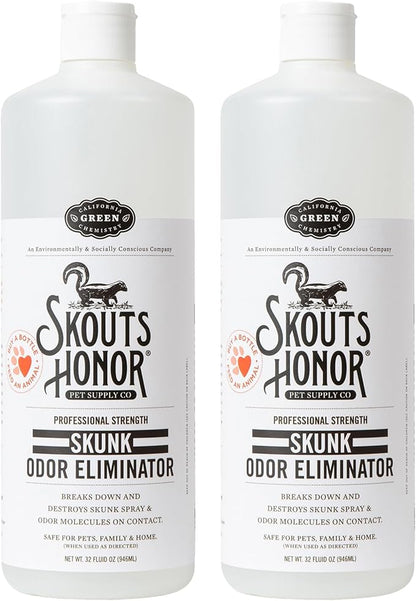 Skout's Honor Skunk Odor Eliminator for Pets, Indoor, and Outdoor Surfaces – Eliminate Skunk Spray Odor, Eco-Friendly, Cruelty-Free Solution for Pets and Surfaces, 32 oz, 2-Pack