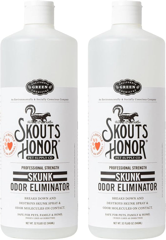 Skout's Honor Skunk Odor Eliminator for Pets, Indoor, and Outdoor Surfaces – Eliminate Skunk Spray Odor, Eco-Friendly, Cruelty-Free Solution for Pets and Surfaces, 32 oz, 2-Pack