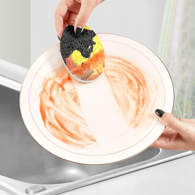 Black Cat Kitchen Scrub Sponges, Pop-up Kitchen Cleaning Sponges Reusable Dish Washing Sponges for Bathroom Household Cleaning 3 Pack - Non Scratch Scrubber