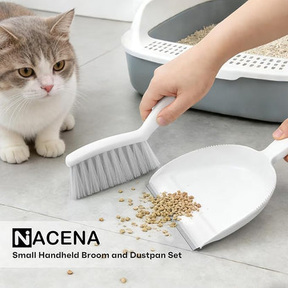 NACENA Handheld Dustpan and Broom Set – Mini Compact Brush Combo for Desktop, Sofa, Car & Kitchen Crumbs Small Cleaning Tool with Stiff Bristles, Grey