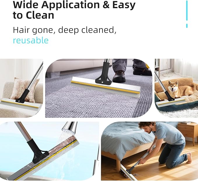 Carpet Rake for Pet Hair Removal - Upgraded 2-in-1 Carpet Broom with Copper Scraper & TPU Brush, 54’’ Adjustable Long Handle Reusable Cat Dog Hair Remover Tool for Deep Cleaning Rugs, Mats (Black)