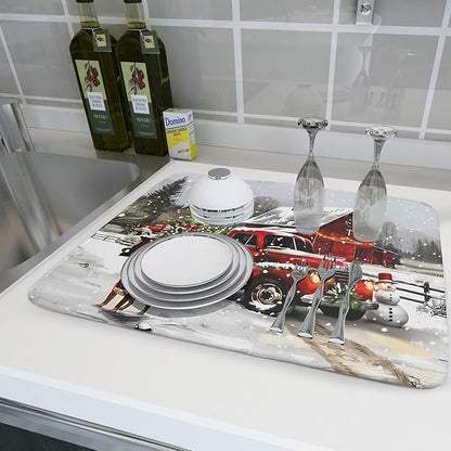 Christmas Red Truck Dish Drying Mat for Kitchen Counter 18x24 Inch Xmas Tree Snowman Dog Winter Print Absorbent Reversible Microfiber Drying Mats Kitchen Countertop Protector Dishes Drainer Rack Pad