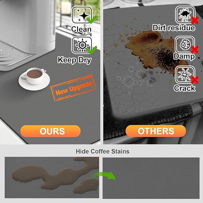 Bloss Coffee Bar Mat for Countertops, Grey Dish Drying Mat for Multiple Usage, Kitchen Counter Mat, Absorbent Hide Stain Rubber Backed Dish Drying Pad / 16.1"x24.1"