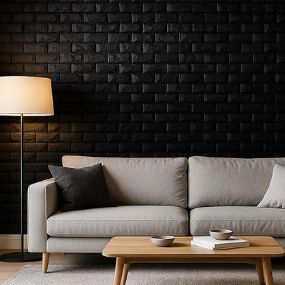 Circloophs 3D Wall Panels Stick and Peel, Black Brick Printable 3D Wallpaper Stick and Peel Self Adhesive Waterproof Foam Faux Brick Paneling for Bedroom, Bathroom, Kitchen, Fireplace (11, Black)