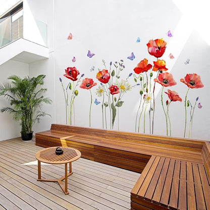 Watercolor Wall Stickers Red Flower Decal Removable Waterproof Wall Art Decor for Bedroom Living Room Offices Home Decoration