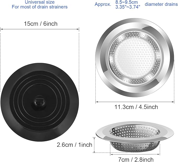 V-TOP Sink Strainer Stopper 4 Pack, Universal Silicone Kitchen Sink Drain Strainer Cover Plug Stopper Kit, 4.5 Inch Stainless Steel Sink Filter Strainer, Food Catcher for Kitchen Sink
