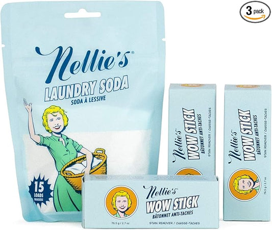 Nellie’s WOW Stick Stain Remover Bundle – Includes 3 Stain Remover Sticks and 15-Load Laundry Soda – Removes Odors and Stains from Clothing – Low-Residue Powder Detergent for Standard and HE Machines