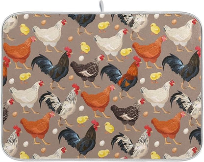 Hens Roosters Chicken Dish Drying Mat for Kitchen Counter Absorbent Microfiber Drying Pad, Large 18x24 in, Reversible Drainer Mats