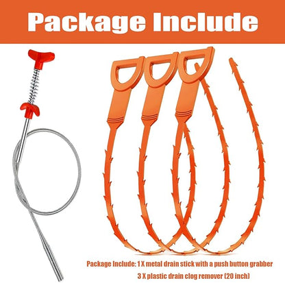 Drain Snake Hair Clog Remover – 20 Inch Plastic Sink Unclogger & Stainless Steel Claw - Drain Cleaner Tool for Kitchen, Bathroom, Tub Toilet Orange (3+1), Plungers for Clearing Blocked Drains