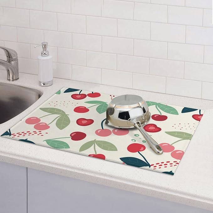 Large Dish Drying Mats For Kitchen Counter Microfiber Kitchen Drying Mat XL Draining Pad Absorbent Quick Drying Dish Mat 18x24 Inch - Cherry