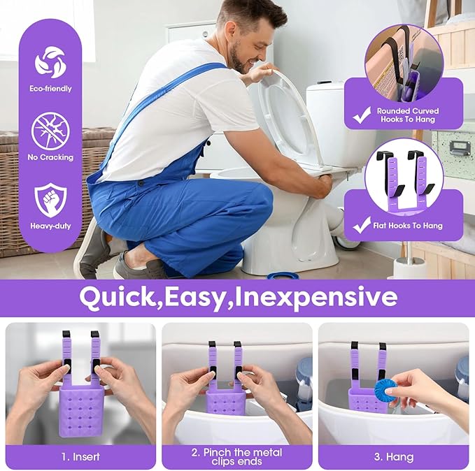 2Pcs Adjustable Toilet Tank Tablet Holder-Hanging Silicone Basket Carrier with Rustproof Hooks for Bowl Cleaner & Bleach Tablet Hanger Pouch Organizer, Accessory Fit Up to 7" Water Level