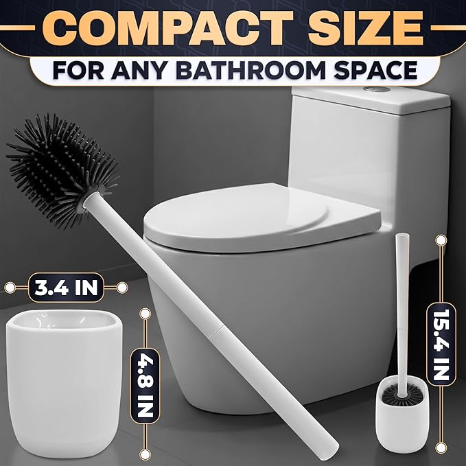 Toilet Brush and Holder Set - Silicone Toilet Bowl Brush with White Holder Base, Compact Bath Accessory for Small Spaces - Easy to Place and Simple to Store After Use, Plastic Bathroom Cleaning Tool