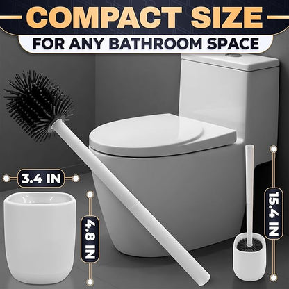 Toilet Brush and Holder Set - Silicone Toilet Bowl Brush with White Holder Base, Compact Bath Accessory for Small Spaces - Easy to Place and Simple to Store After Use, Plastic Bathroom Cleaning Tool