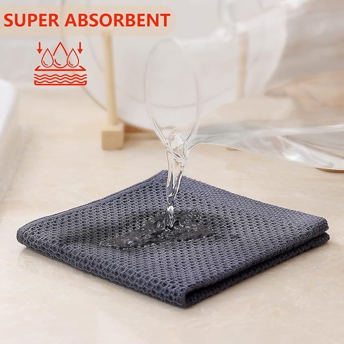 Kitinjoy 100% Cotton Kitchen Dish Cloths (12 X 12 Inches, Dark Grey), 8 Pack Waffle Weave Ultra Soft Absorbent Dish Towels for Drying Dishes Quick Drying Kitchen Towels Dish Rags