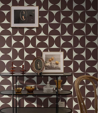 Dimoon Wallpaper 236"x17.3"Peel and Stick Geometric Contact Paper Vintage Dark Red Beige Wall Paper Removable Square Waterproof Self Adhesive Wall Covering for Bedroom Shelf Liner Decal Vinyl Roll