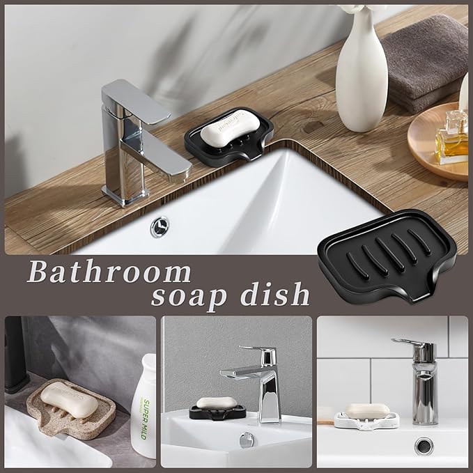 Self Draining Soap Dish for Shower and Bathroom Sink - Large Marble Resin Soap Holder with Drain, Non Slip Soap Tray for Bar Soap, Kitchen & Bathroom Counter